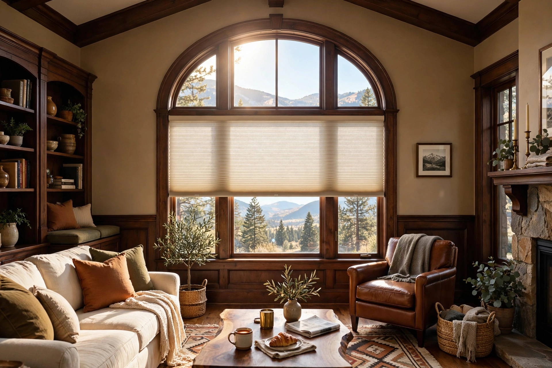 Tall arched window in a warm Denver living room with a cream honeycomb blind lowered over the lower half
