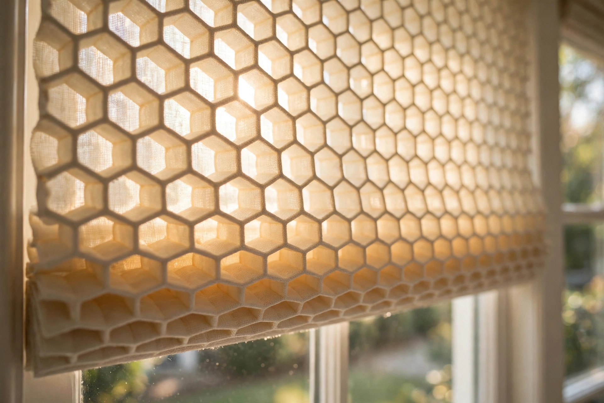 Close view of honeycomb cellular shade fabric softly filtering sunlight